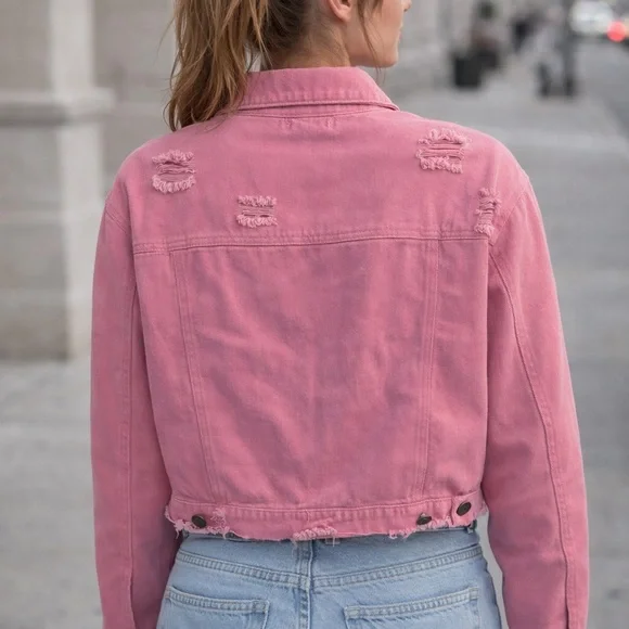 Womens Pink Denim Jacket Distressed Cropped Button Front Size L - Picture 2 of 9